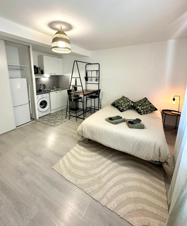 une chambre avec un grand lit et une cuisine dans l'établissement Studio Gare entièrement Rénové, Wi-Fi, Clim, Tram, 15 min des Plages, à Montpellier