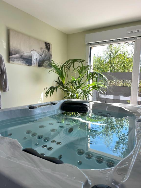 - un bain à remous dans une chambre avec fenêtre dans l'établissement LA VALENTINE Love room GITES DES 3 LAVOIRS, à Bourogne