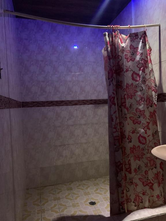 e bagno con doccia e tenda. di Hostal Don Oscar a Miguel de la Borda
