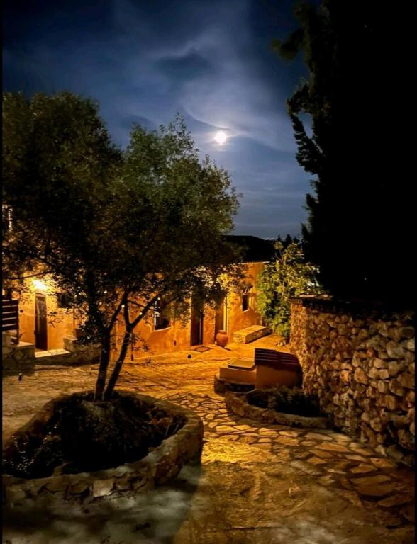 a tree in front of a stone building with a moon at La Casa Di Nonna in Koríthion