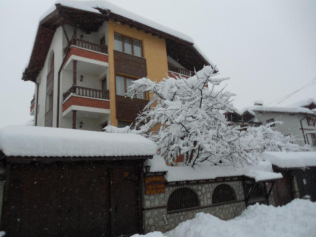 a house with snow covered trees in front of it at Boyadjiyski Guest House in Bansko