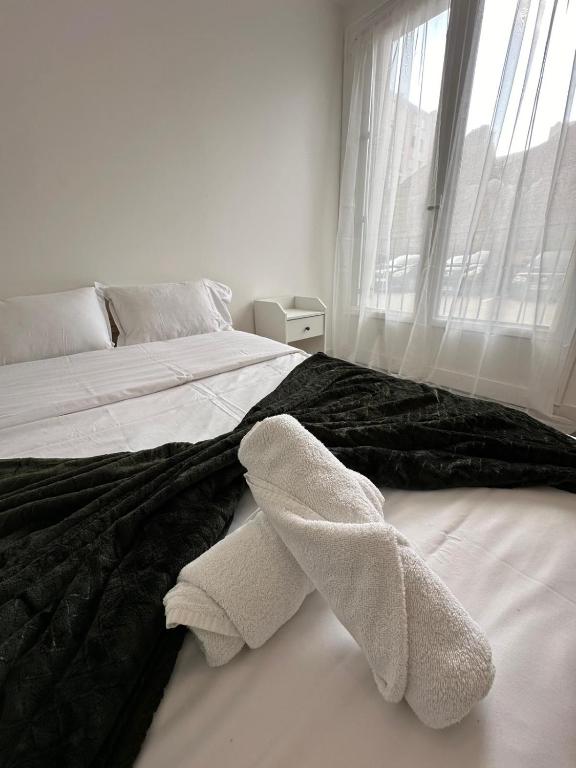 une chambre avec un lit avec des serviettes dessus dans l'établissement l'élégant centrale, à Saint-Étienne