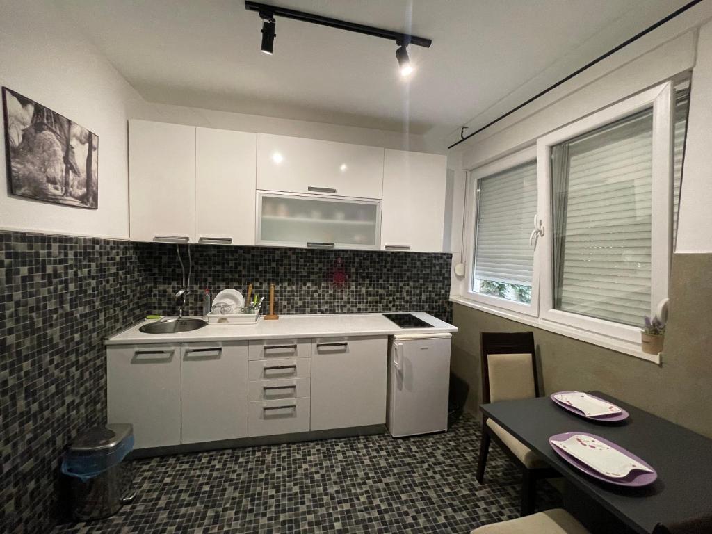 ベオグラードにあるParkview Residenceのキッチン(白いキャビネット、テーブル、シンク付)