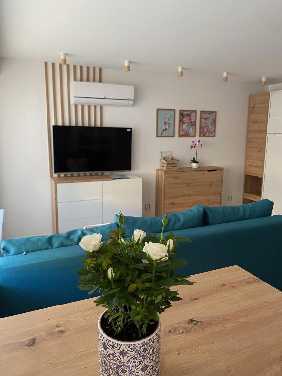 a living room with a blue couch and a table with flowers at DiM Suwałki Pułaskiego in Suwałki