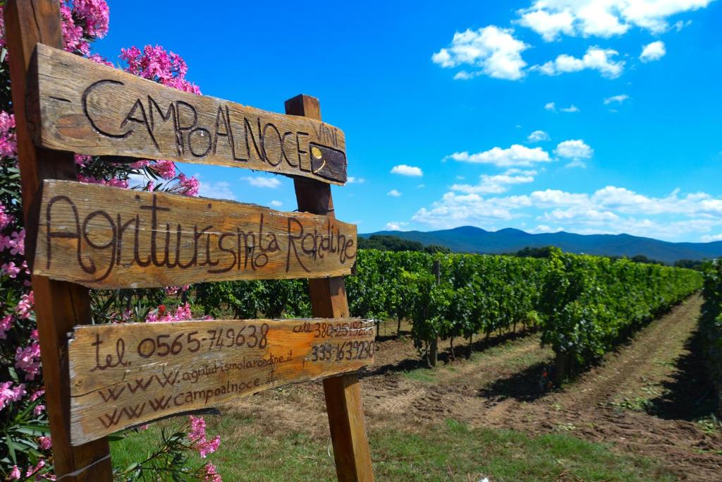 a sign in front of a vineyard with flowers at Agriturismo La Rondine in Bolgheri