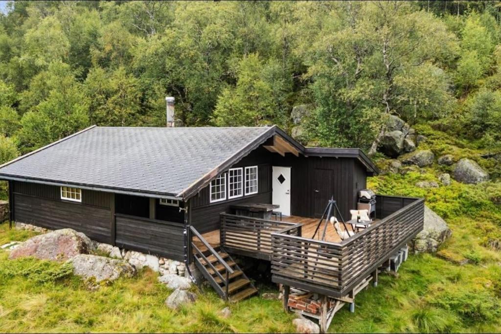 VikesåにあるStavtjørn Alpine lake havenの丘の上にあるポーチ付きの小さな黒い家