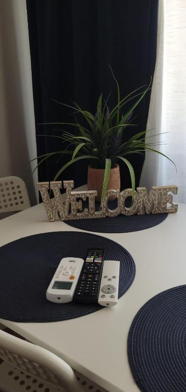 a desk with a remote control and a plant on it at Casa Rusu - Govandari -Self check in-24h Netflix in Reşiţa