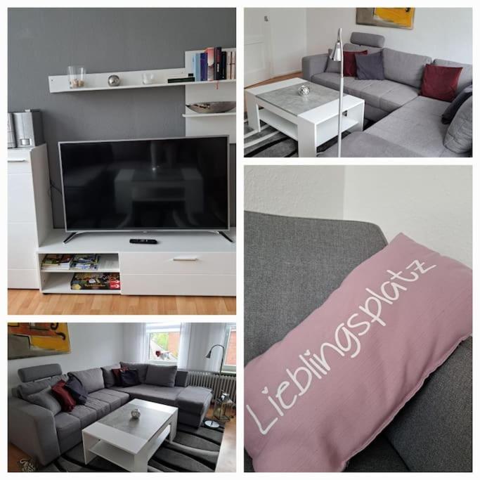 a collage of pictures of a living room with a couch and a tv at Ferienwohnung mitten in der City in Wilhelmshaven