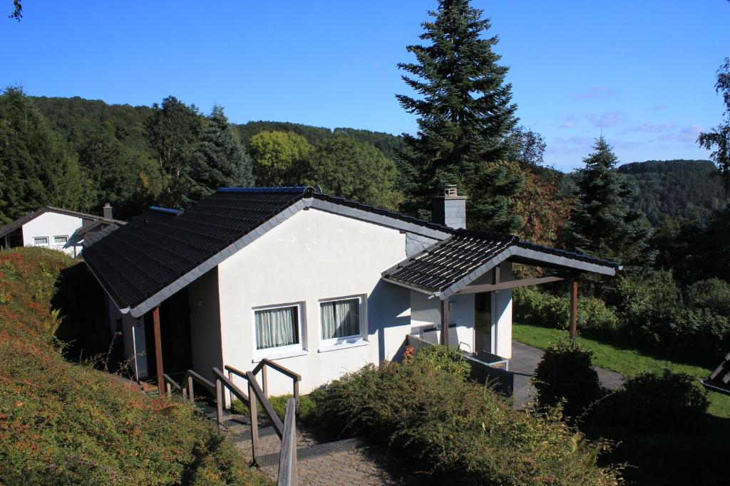 a small white house with a black roof at EifelLandhaus in Biersdorf am See