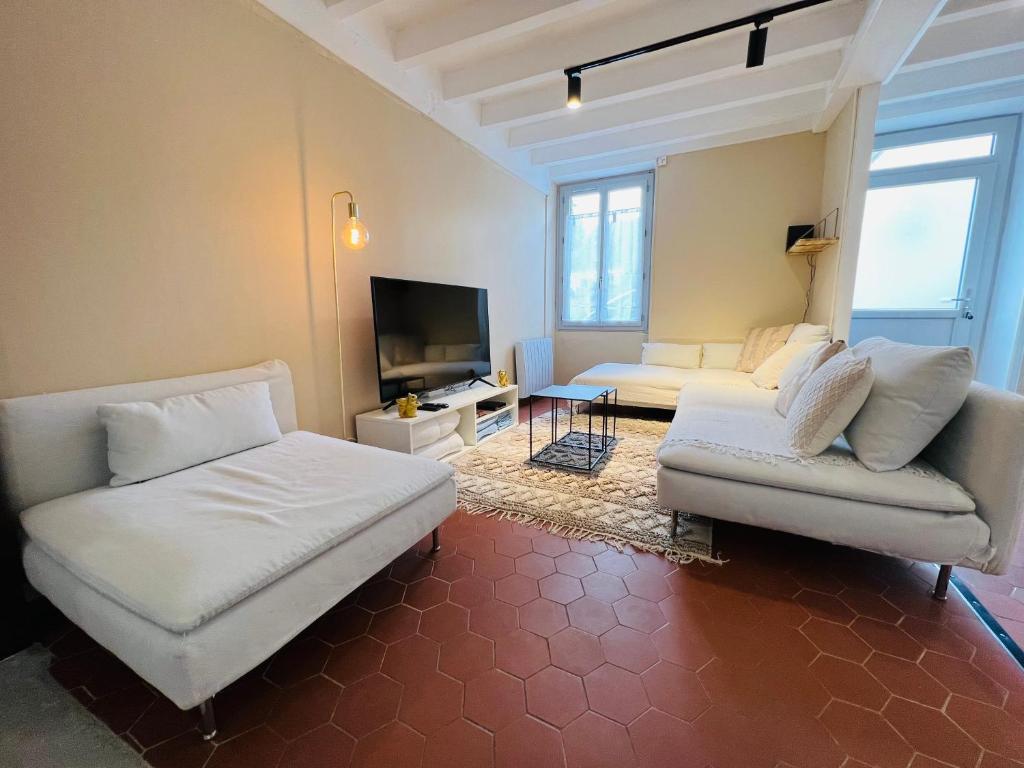 a living room with two couches and a flat screen tv at Spacieuse Maison de Village - Baby-foot & Fléchettes in Saint-Brisson-sur-Loire