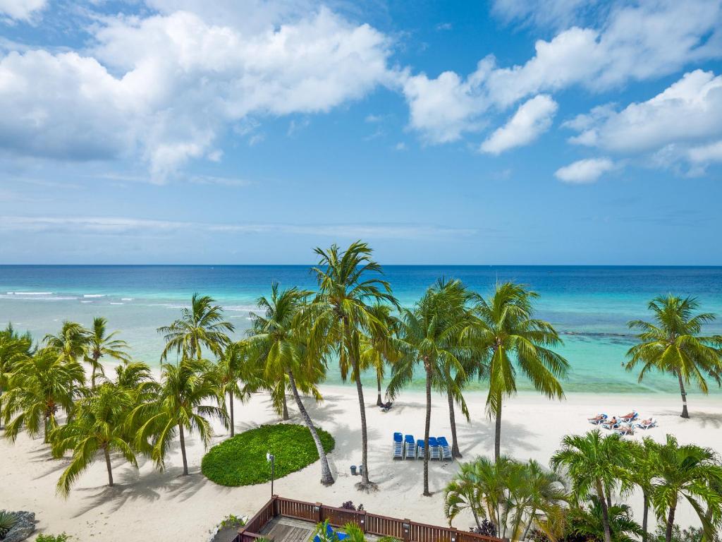 a view of a beach with palm trees and the ocean at Coconut Court Beach Hotel in Bridgetown