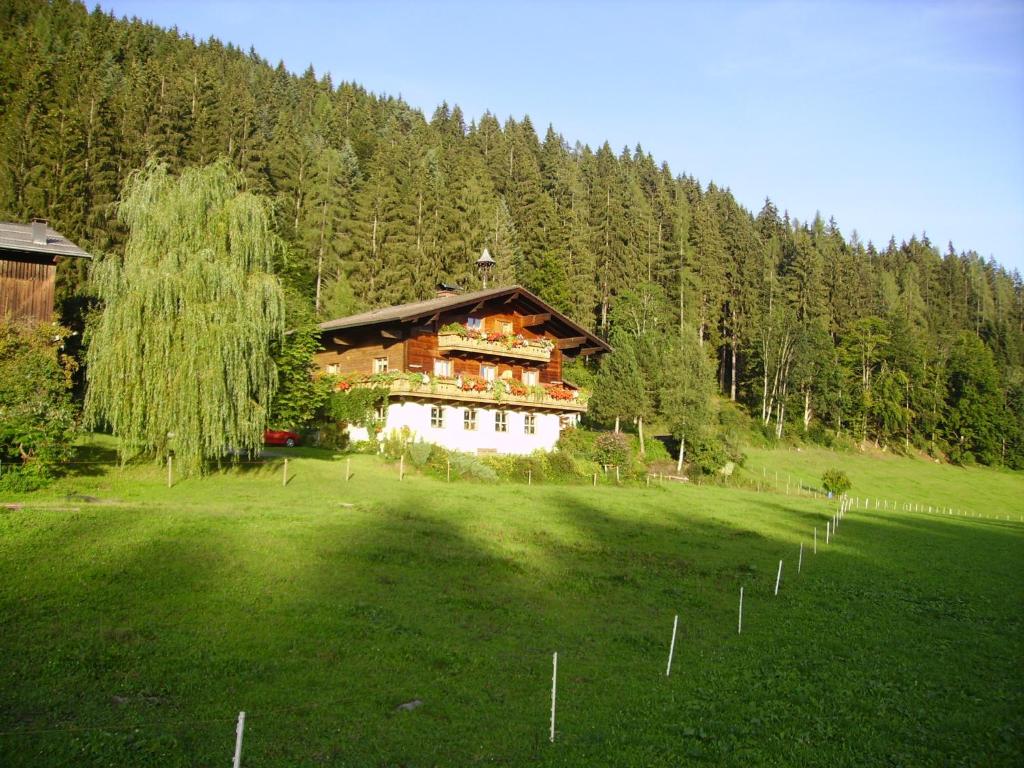 ein Haus mitten auf einem grünen Feld in der Unterkunft Ellmauhof in Pfarrwerfen