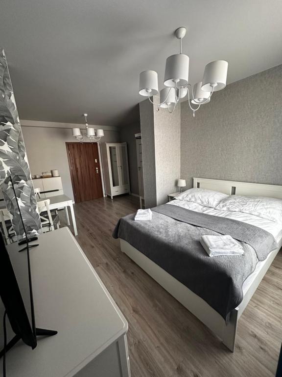 a bedroom with a bed and a table in it at Apartamenty Czerwona Róża in Wieprz