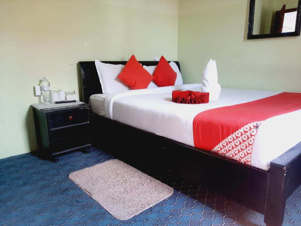 una camera con due letti con cuscini rossi e bianchi di Hotel Lake n Yeti a Pokhara