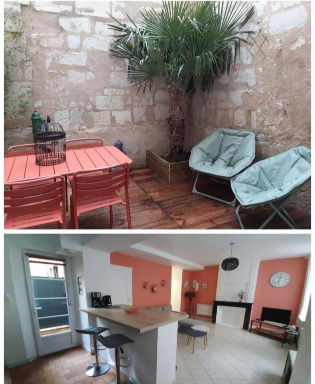 deux photos d'une chambre avec une table et des chaises dans l'établissement Appart chaleureux avec terrasse, à Saumur