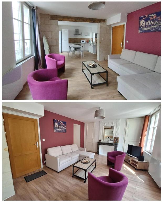 un salon et un salon avec des meubles violets dans l'établissement Bel appartement 50m2 en plein centre de Saumur, à Saumur