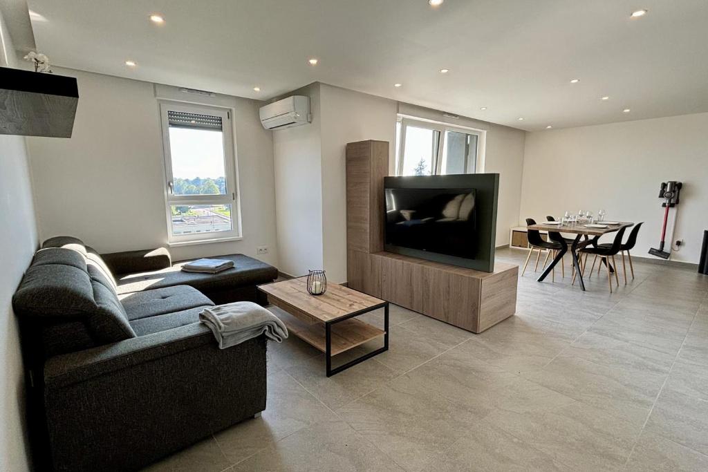 un salon avec un canapé et une télévision à écran plat dans l'établissement Air-conditioned Apartment with terrace, à Illkirch-Graffenstaden