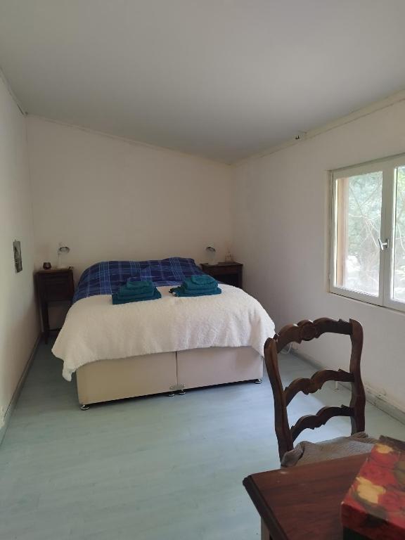 a bedroom with a bed and a table and a chair at Les Sables 16380 in Grassac
