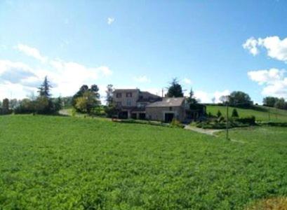 un gran campo verde con una casa en el fondo en Chambre d'hôtes La Margotte, en Forcalquier