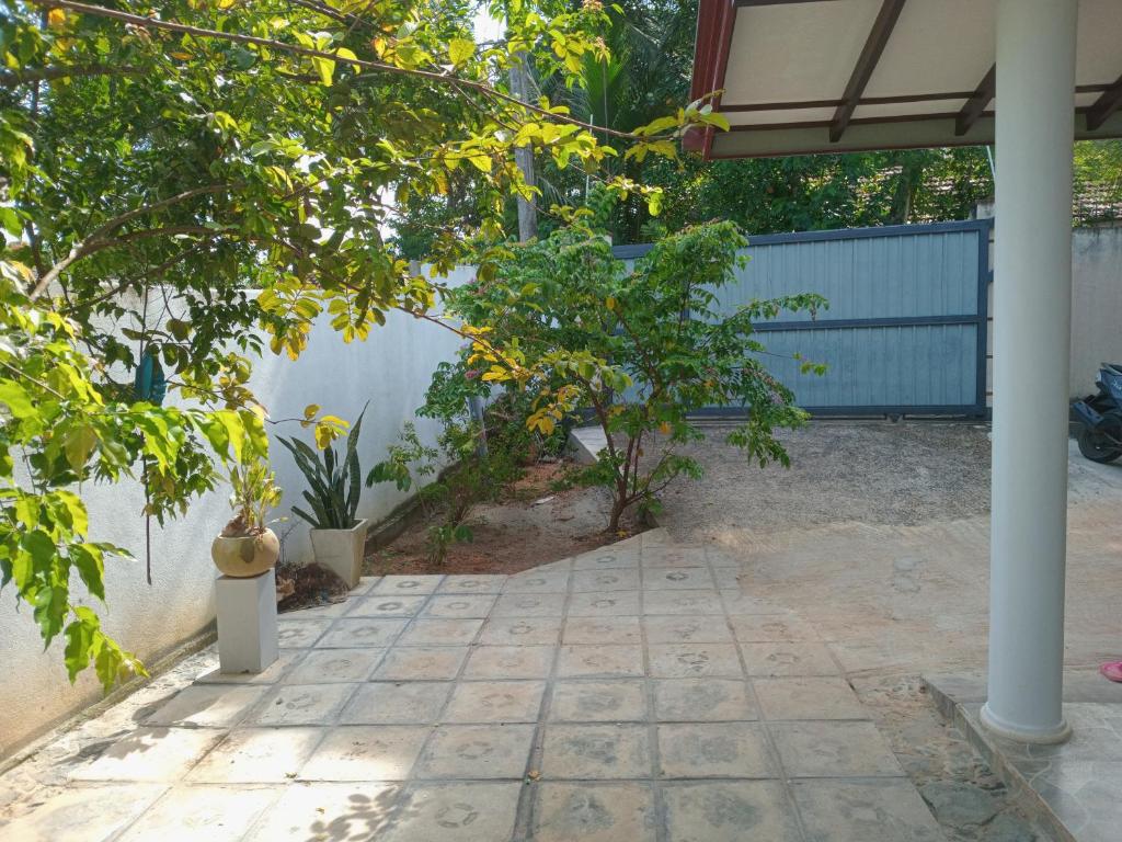 a patio with two trees and a fence at Mihinsa Guest in Kosgoda