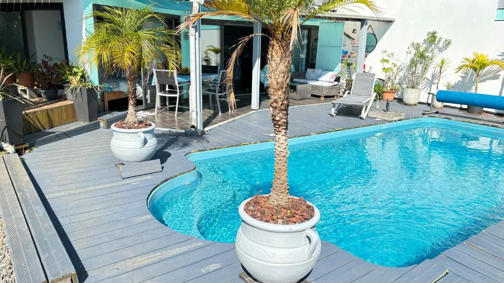 una piscina con due palme in vaso accanto di Plumeria holidays a Saint-Pierre
