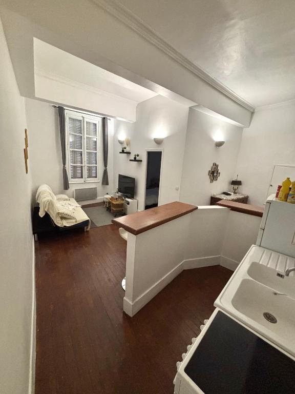 une cuisine et un salon avec une table et un évier dans l'établissement Le Carmélite Toulouse-Centre, à Toulouse