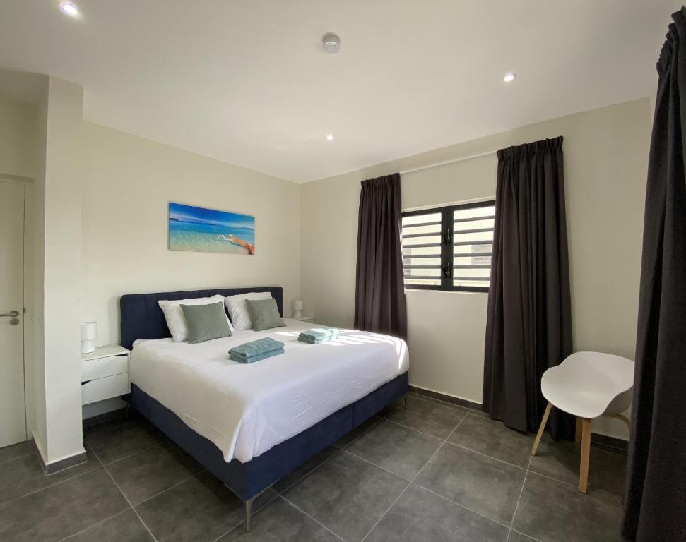 een slaapkamer met een groot bed en een raam bij Villa Cabana Mambo Beach in Willemstad