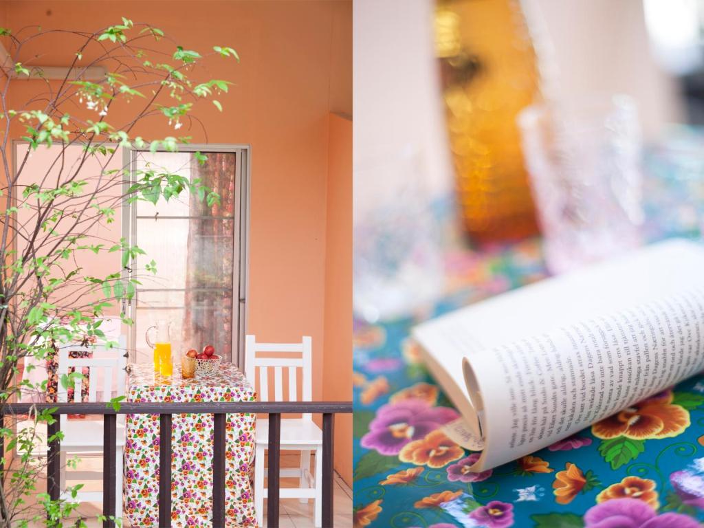 dos fotos de una habitación con una mesa y un libro en Les Fleurs House, en Khao Lak