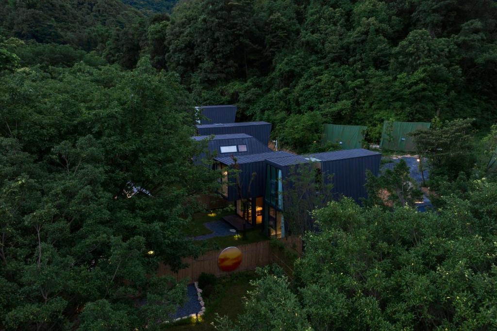 花都广州花都爱树·蝶的森林民宿的森林中一栋建筑的鸟瞰图