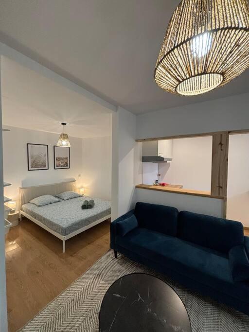 - un salon avec un canapé bleu et un lit dans l'établissement Centre histoire AAA, à Béziers