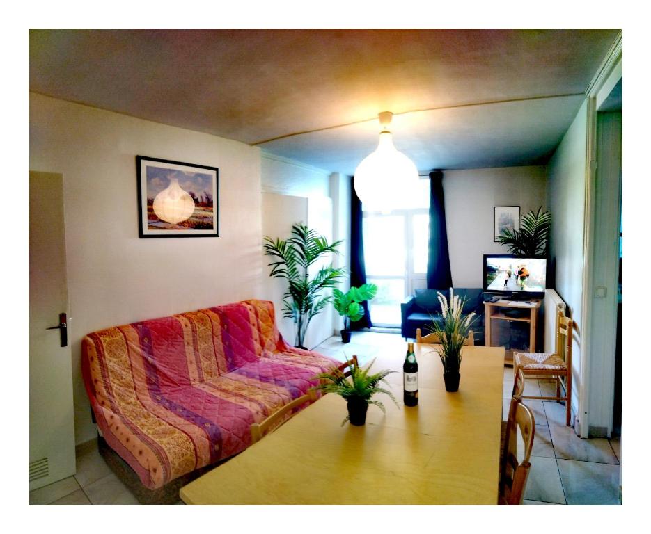 una sala de estar con un sofá y una mesa en Résidence du parc des Tilleuls de Lyon 82 m2 Pkg free, en Lyon