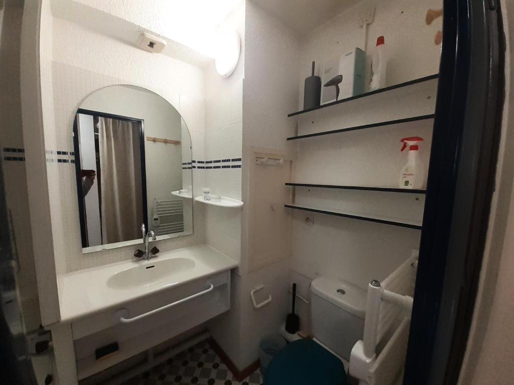 une salle de bain avec un lavabo et un miroir et des toilettes dans l'établissement Résidence Thabor C - Studio pour 3 Personnes MAE-4671, à Modane