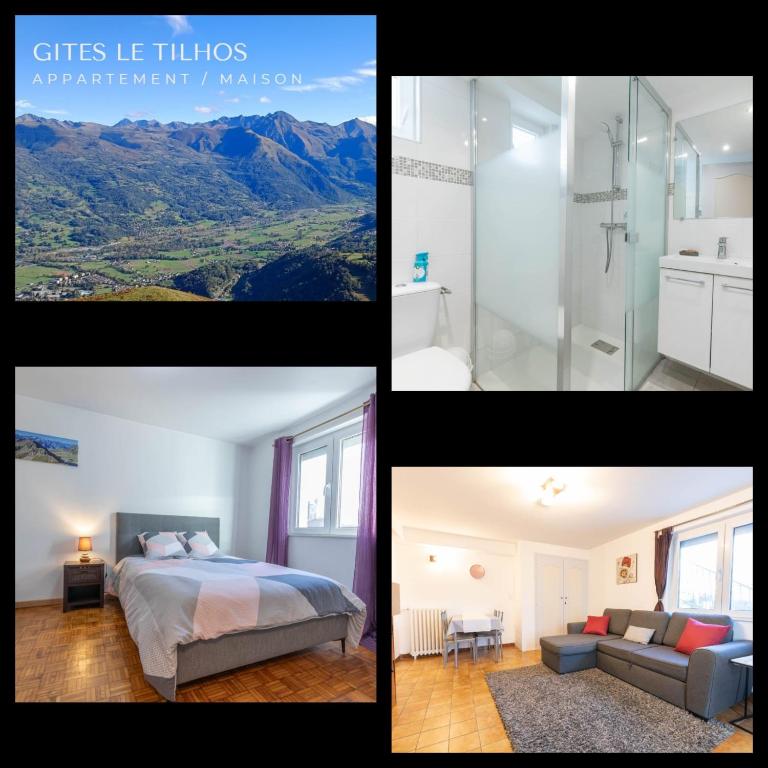 un collage de photos d'une chambre et d'une salle de bains dans l'établissement Charmant T2 au pied des Pyrénées - Argeles Gazost, à Argelès-Gazost