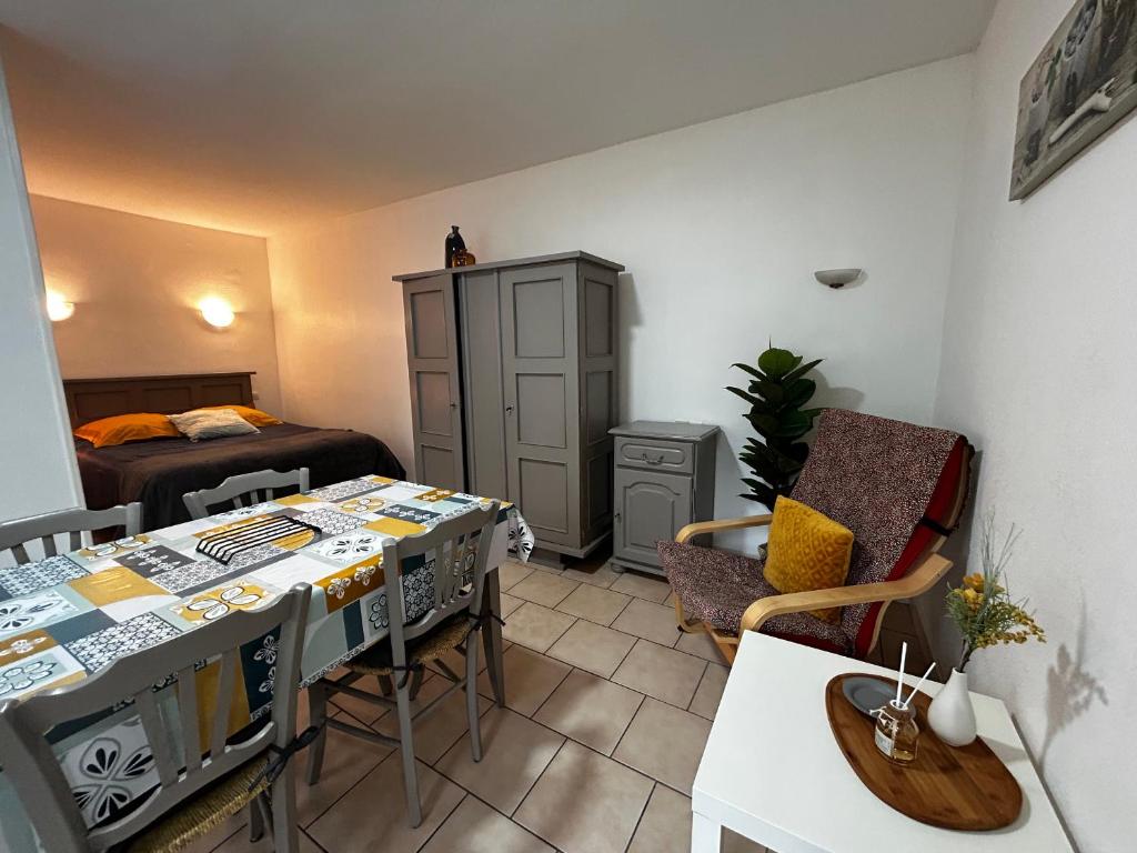 Cette petite chambre comprend une cuisine et une chambre. dans l'établissement Studio entre centre-ville et Thermes avec jardin et WIFI - FR-1-541-116, à La Roche-Posay