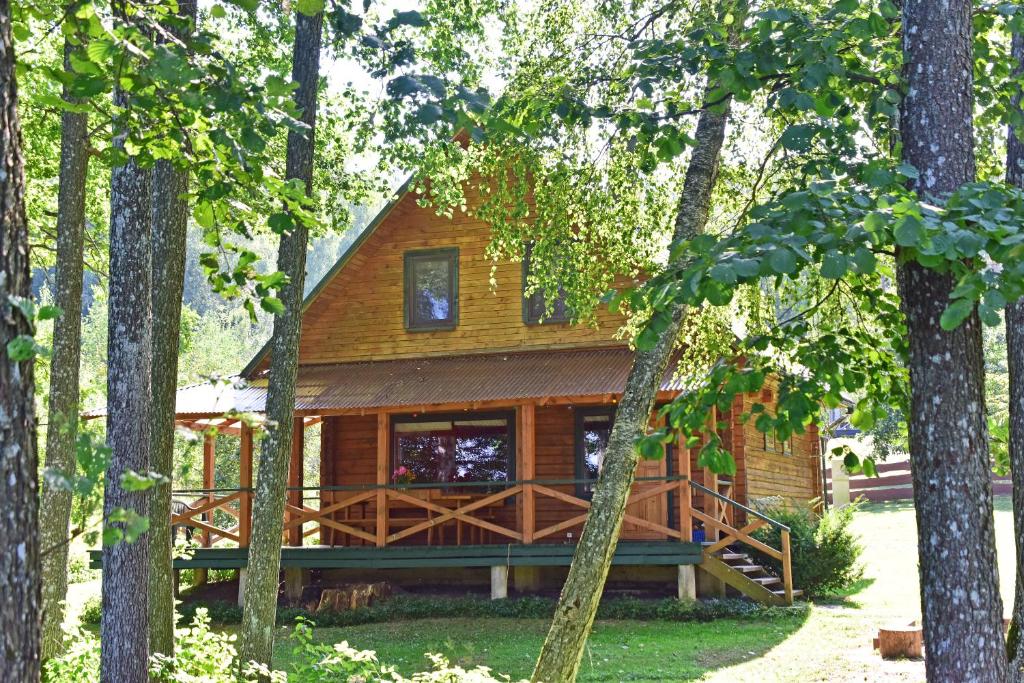 a log cabin in the woods with trees at Ažuluokesos sodyba in Molėtai