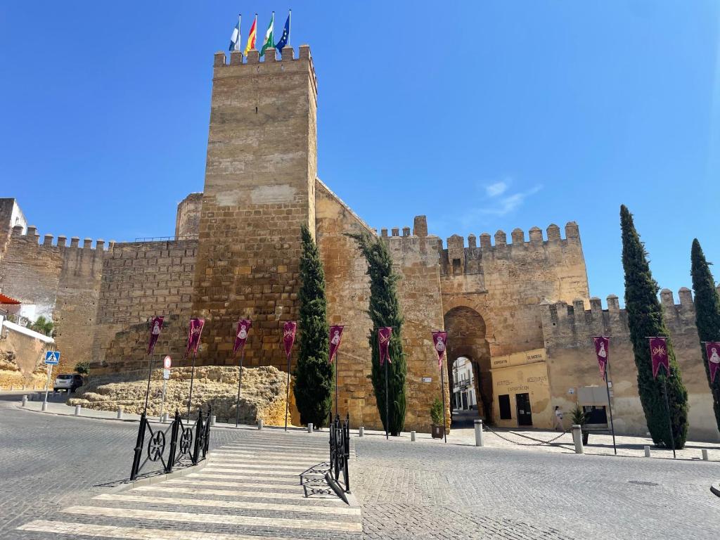a castle with a staircase in front of it at Apartamentos Lucero de Europa in Carmona