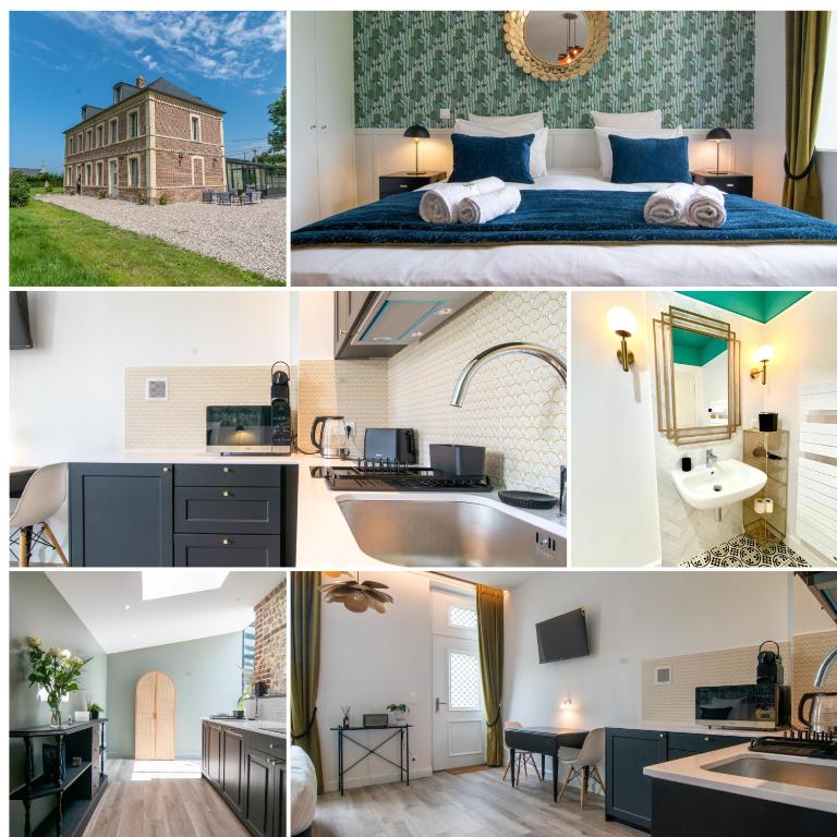 un collage de photos d'une chambre et d'une maison dans l'établissement Domaine des Horizons, à La Poterie-Cap-dʼAntifer