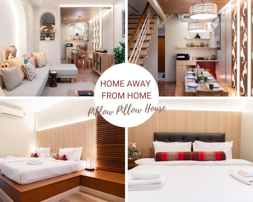 a collage of photos of a bedroom and a home away from home at Pillow BKK Bliss townhome 5BR,7TL near BTS&MRT QSCC in Khlong Toei