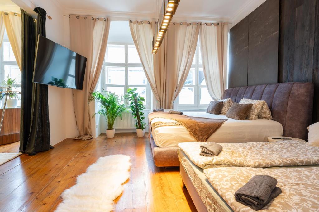 ein Wohnzimmer mit Couch und Flachbildfernseher in der Unterkunft Premium Suites Vienna - Schönlaterngasse in Wien