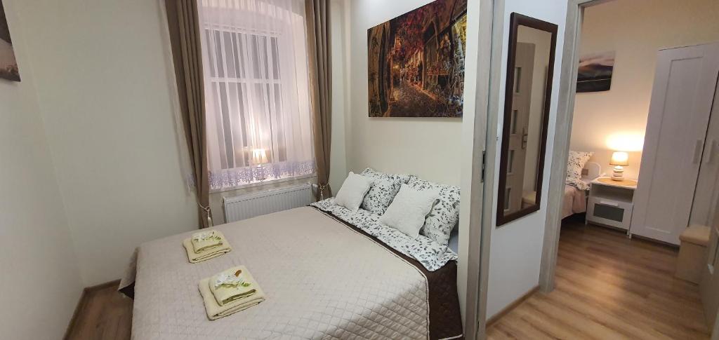 a small bedroom with a bed and a mirror at APARTAMENT MAJA - centrum, parking in Kudowa-Zdrój