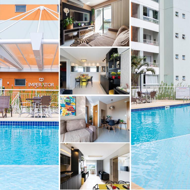 a collage of photos of a hotel with a swimming pool at Apto a 10 min da Vila Germânica, dois quartos, salas de estar e jantar, cozinha completa, sacada com churrasqueira, Wi-Fi, Piscina, academia, mercadinho 24 horas e Vaga de garagem in Blumenau