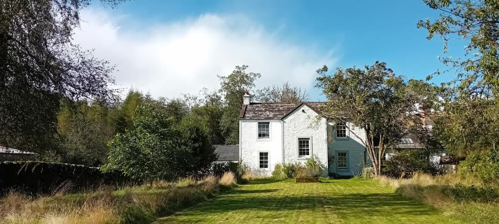 an old white house with a green door on a field at Riverside House in Thornhill