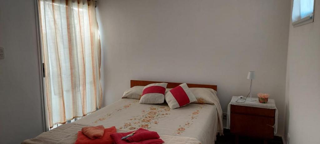a bedroom with a bed with pillows and a window at Departamento San Pedro, Buenos Aires in San Pedro
