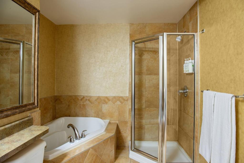 uma casa de banho com banheira e chuveiro em Days Inn by Wyndham Cranbrook Conference Centre em Cranbrook