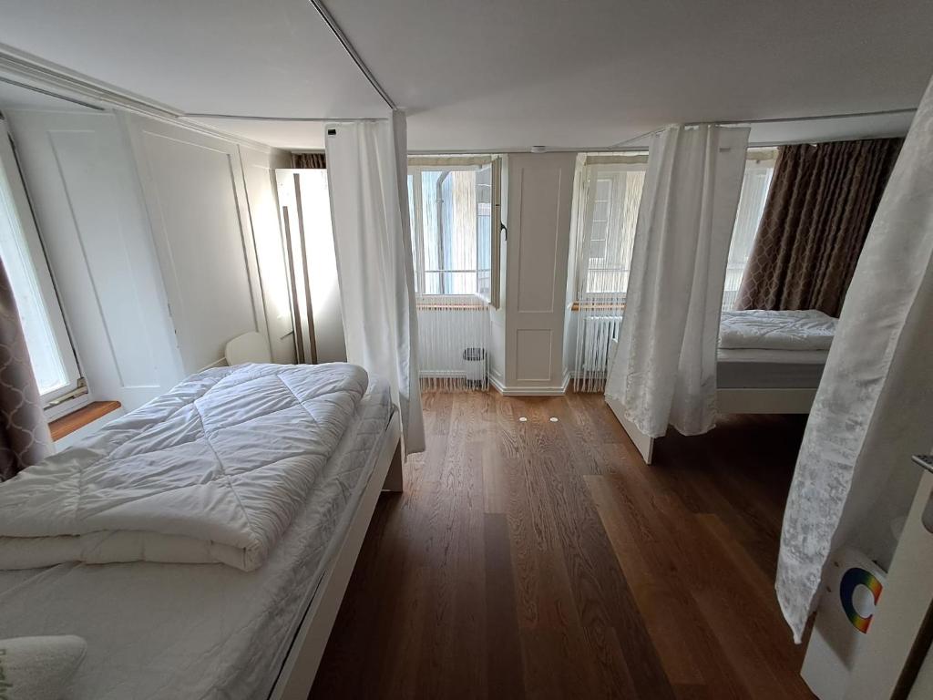 a bedroom with two beds and two windows at Friendly Hostel Zürich in Zürich