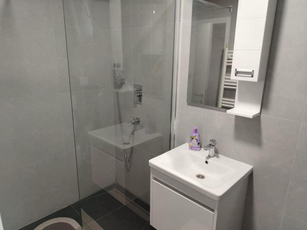 a white bathroom with a sink and a shower at Duša apartman in Banja Koviljača