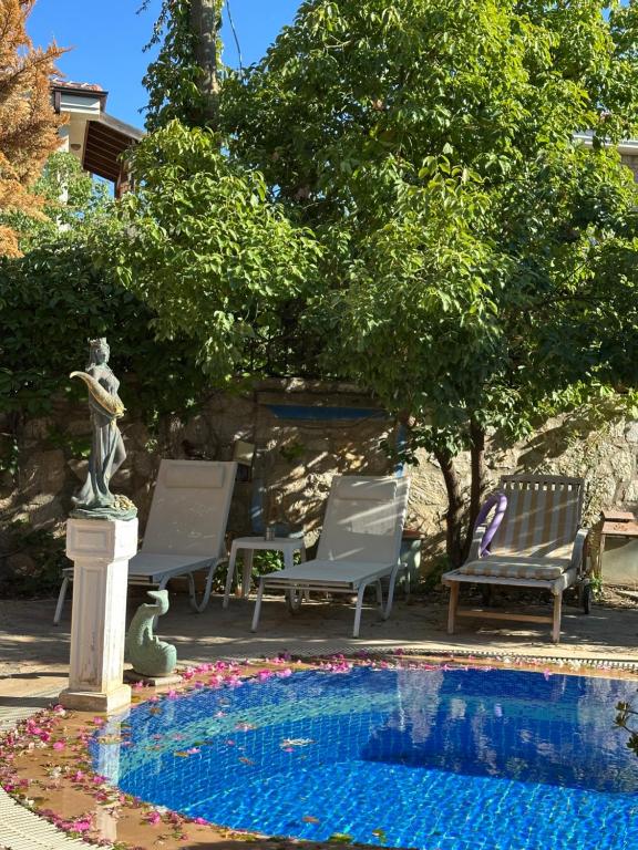 una piscina con sedie e una statua accanto a una fontana di Villa hira a Eski Datca