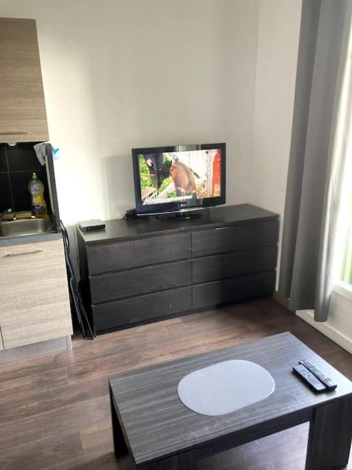 un salon avec une télévision et une table basse dans l'établissement Appartement entier au RDC, à Salon-de-Provence