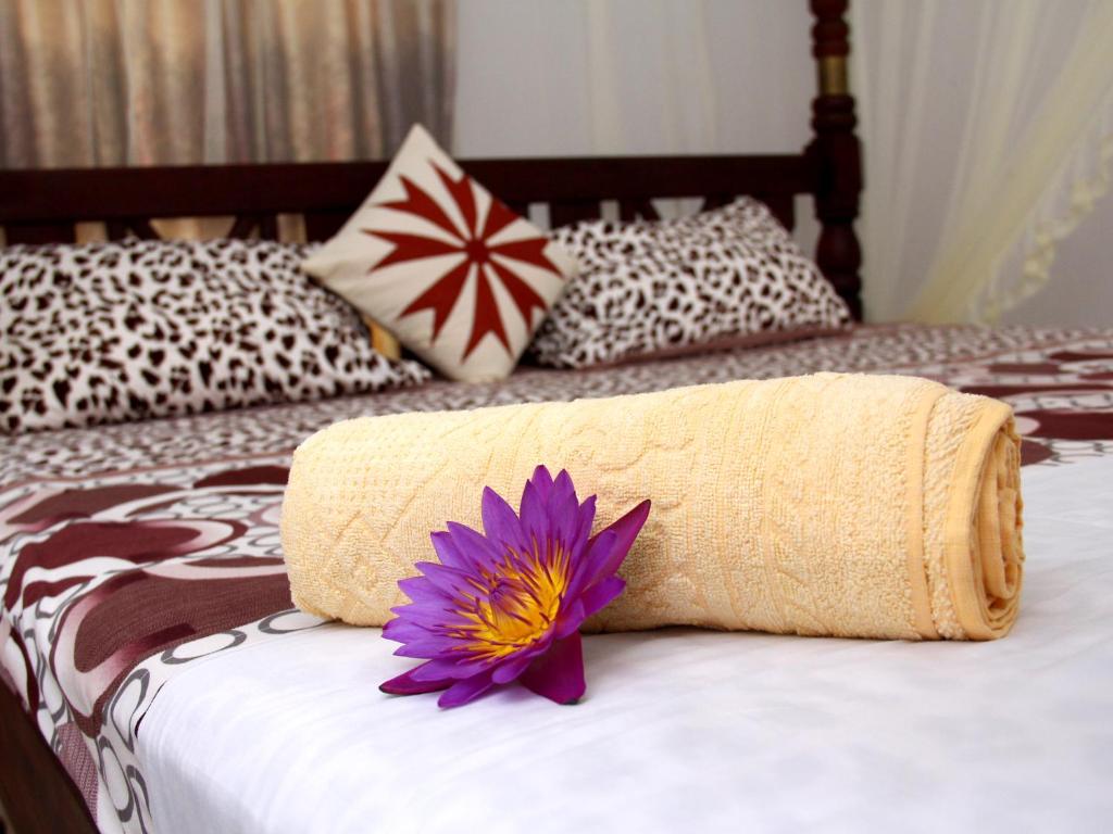 un fiore viola seduto sopra un letto di Sethun House a Mirissa
