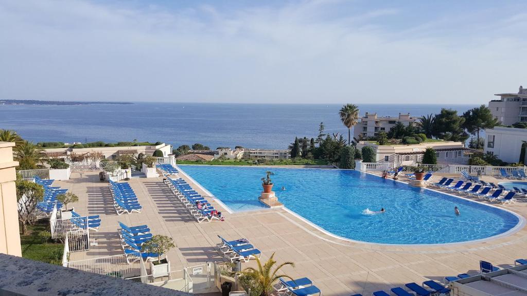 une grande piscine avec des chaises bleues et l'océan dans l'établissement Le cannois, à Cannes